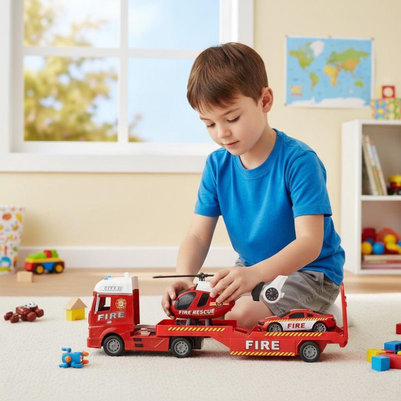 Camión Transportador de Bomberos con Helicóptero y Vehículo Koala Kids