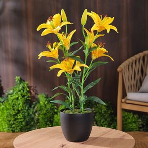 Lirio Tigre Amarillo Artificial con Maceta Negra