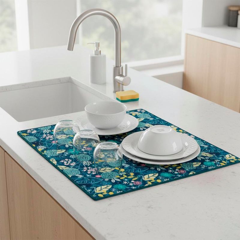 Alfombra para Secar Platos 50x38 cm Diseño Floral Color Azul