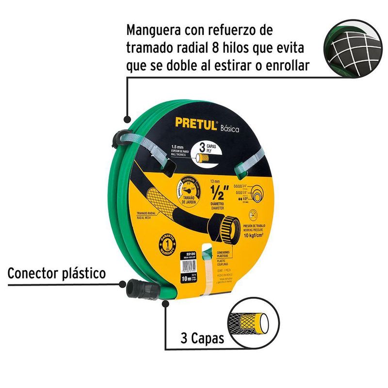 Manguera para Jardín PVC Verde de 10 M 1/2 Plg