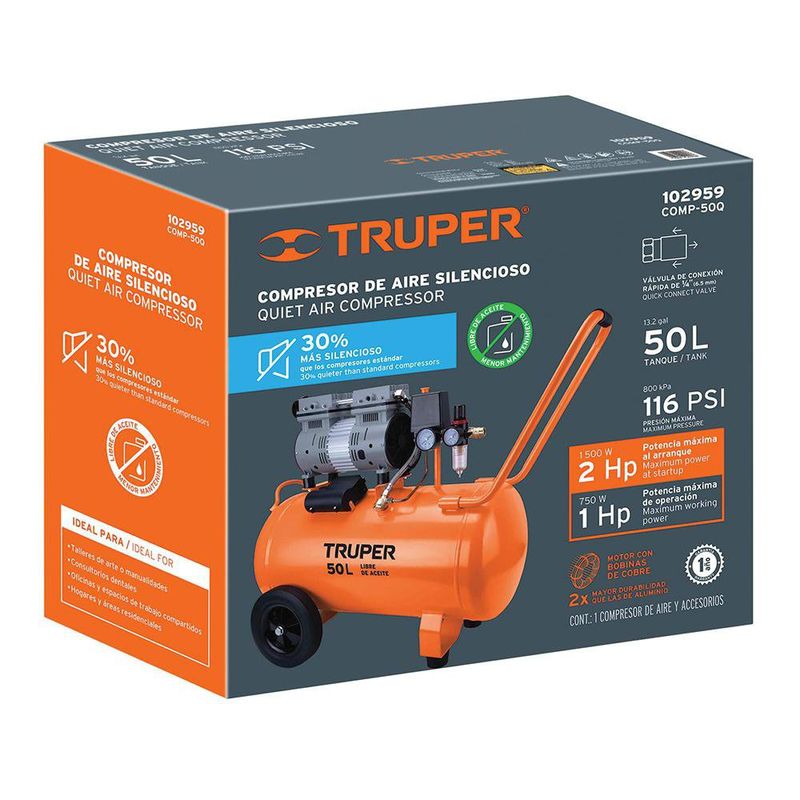 Compresor de Aire Horizontal Silencioso 50 L 2 Hp