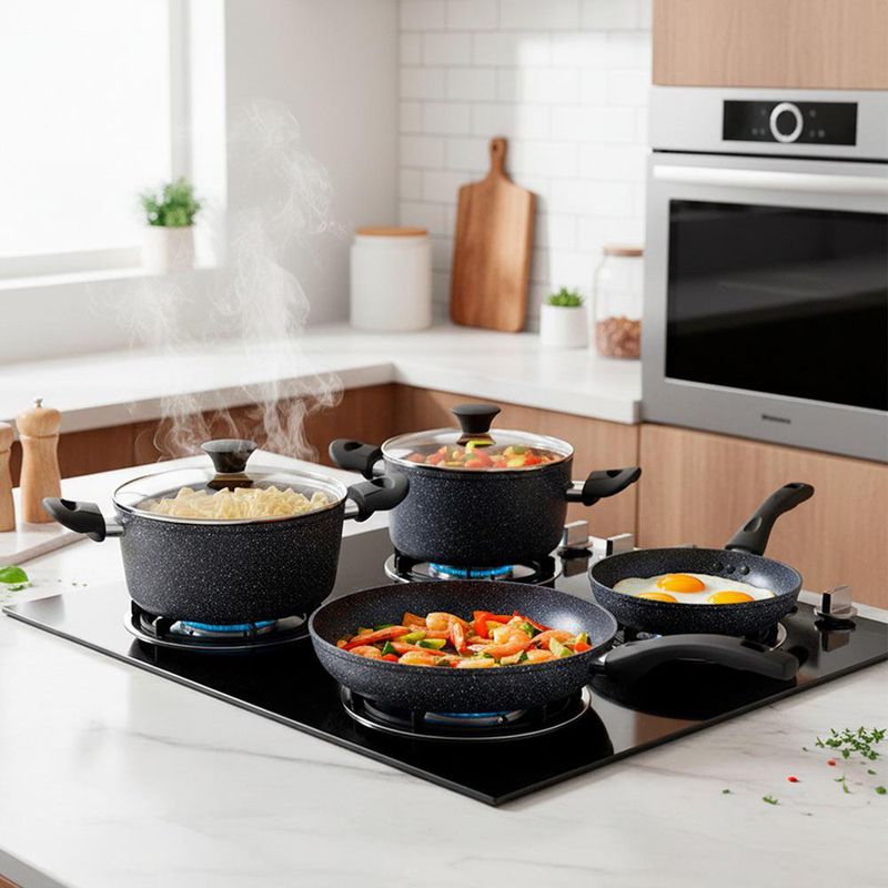 Batería de Cocina Gemstone de 8 Piezas con Antiadherente Tipo Mármol y Tapas de Vidrio