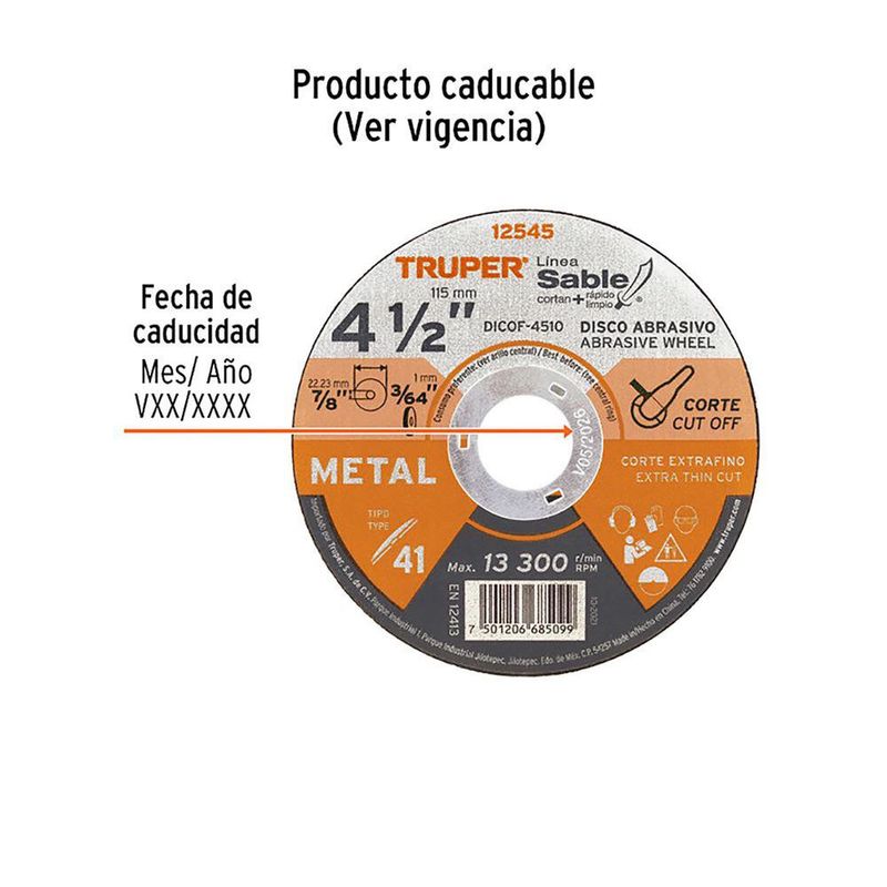 Disco Abrasivo para Corte en Metal de 4 1/2 x 3/64 plg