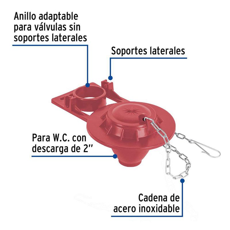 Sapo para Inodoro 2 Plg de Silicona Roja con Cadena de Acero Inoxidable