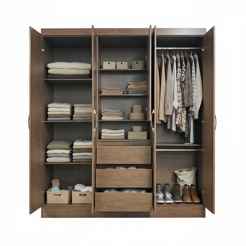 Armario de 5 Puertas con 3 Gavetas y Espejo para Dormitorio 47 x 164 x 197 cm Café