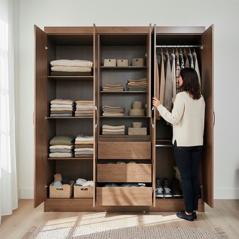 Armario de 5 Puertas con 3 Gavetas y Espejo para Dormitorio 47 x 164 x 197 cm Café