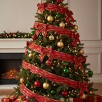 Listón Navideño con Árboles Dorados de 2.5 plg x 10 yardas Color Rojo