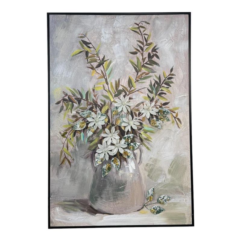 Cuadro Decorativo Jarrón Plateado con Flores 92 x 62 Cm