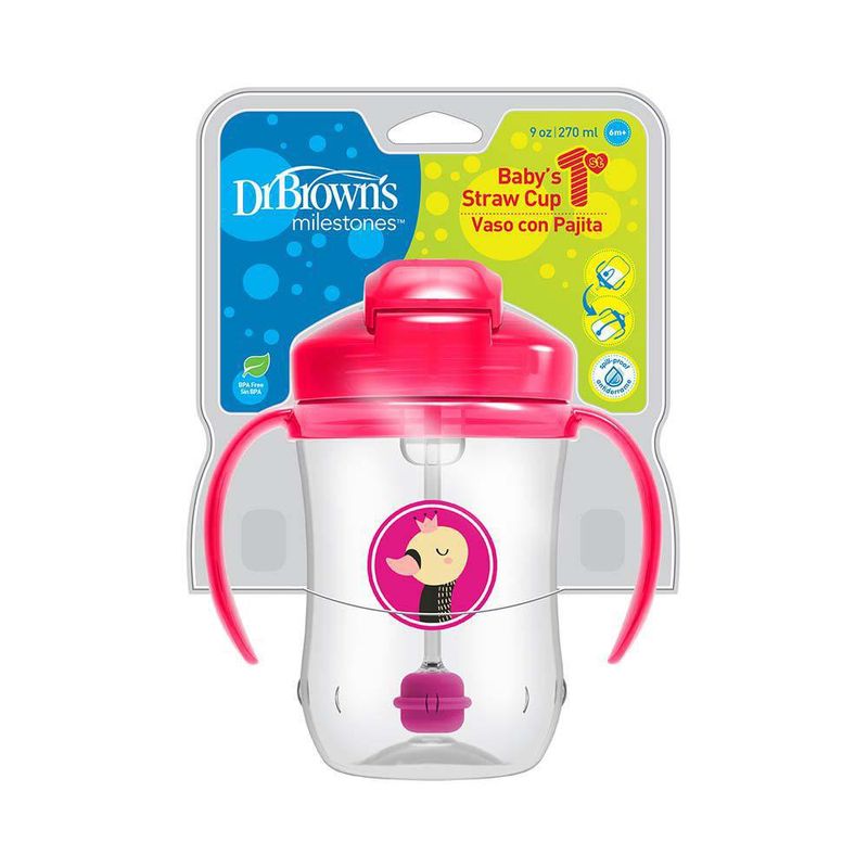 Vaso Con Pajilla Y Asas 9Oz Rosado (6M+) - Dr. Browns