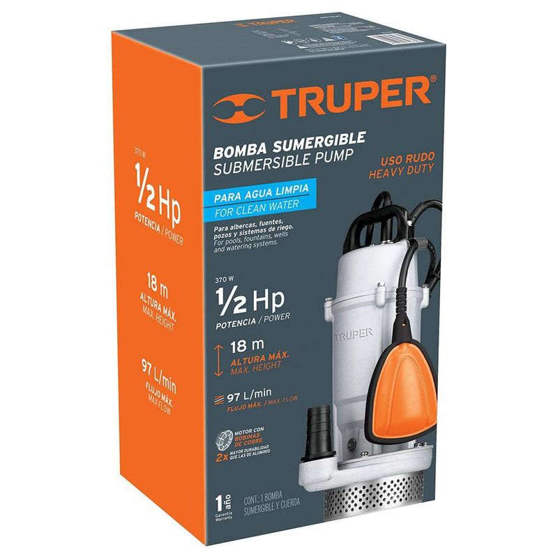 Bomba Sumergible para Agua Limpia 1/2 HP 18 M 97 Lts/Min