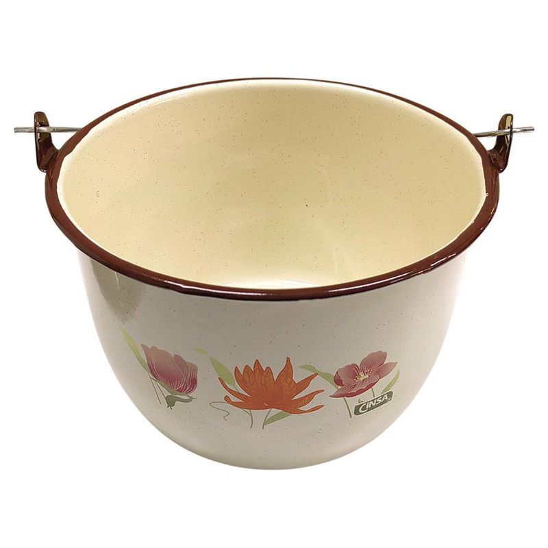 Olla Convexa de Peltre Color Crema Jaspeada con Café y Flores de 22 Cm