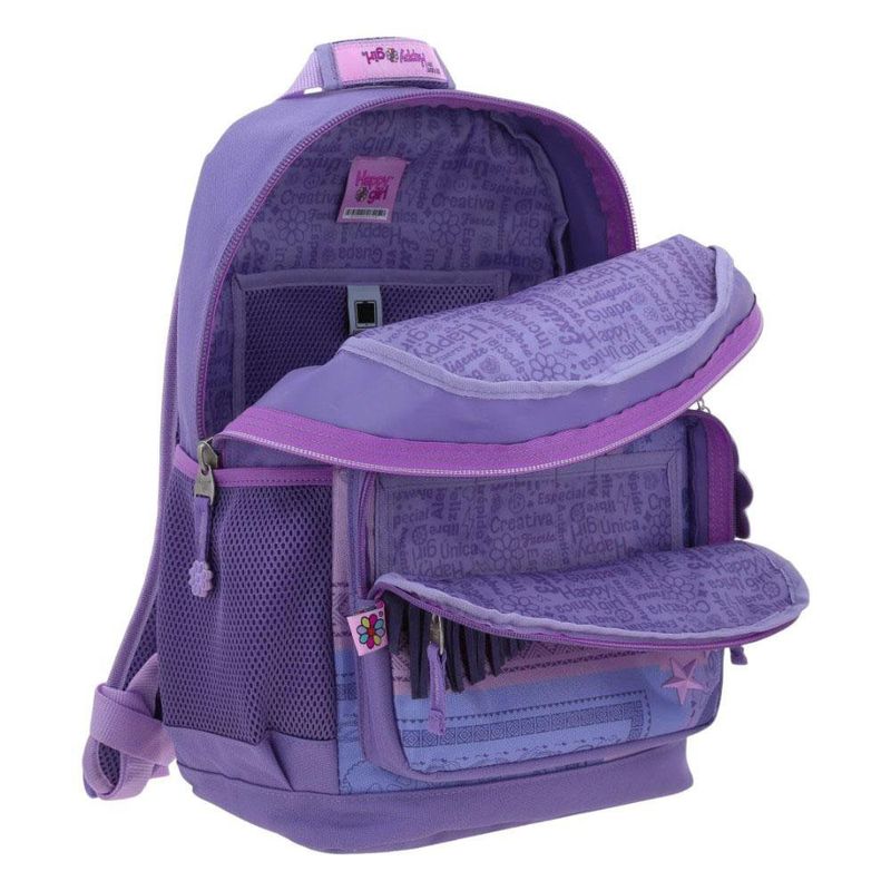 Mochila Escolar Happy Girl Lila con Flecos y Diseño Floral