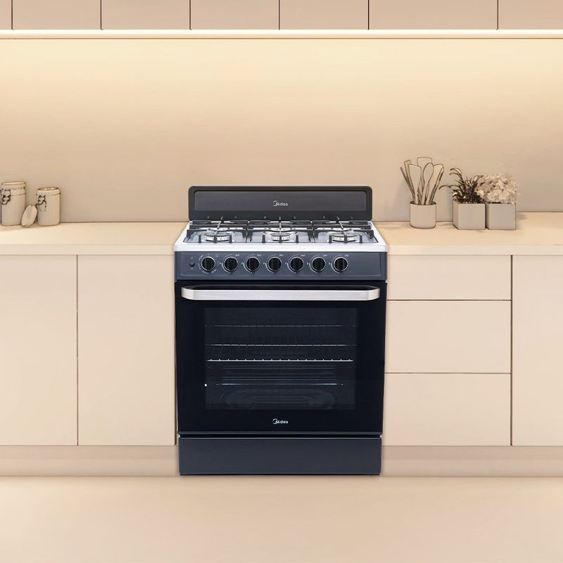 Estufa Midea a Gas de 30 plg con 6 Quemadores Rotary Flame Color Negro