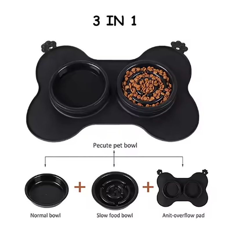 Plato Doble de Silicón para Perro Diseño Hueso Negro