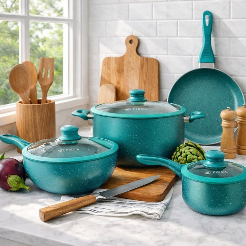 Batería de 7 Piezas Verona de Mármol Color Turquesa con Set de Sartenes