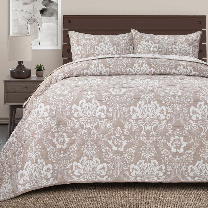 Set de Cubrecama King con Diseño de Flores Color Beige