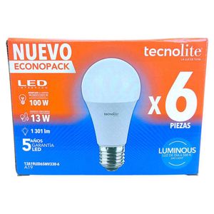 Set de 6 Focos LED Tecnolite A19 Luz de Día Base E27 de 13 W