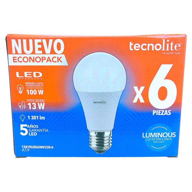 Set de 6 Focos LED Tecnolite A19 Luz de Día Base E27 de 13 W