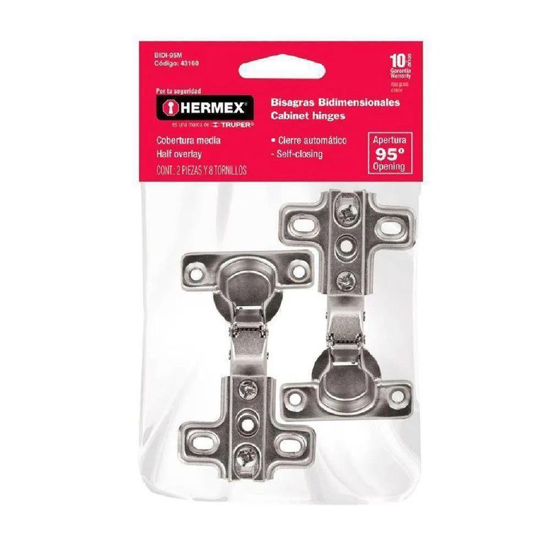 Bisagra Bidimensional de Acero Canto Medio de 95° para Gabinete en Set de 2 Uds