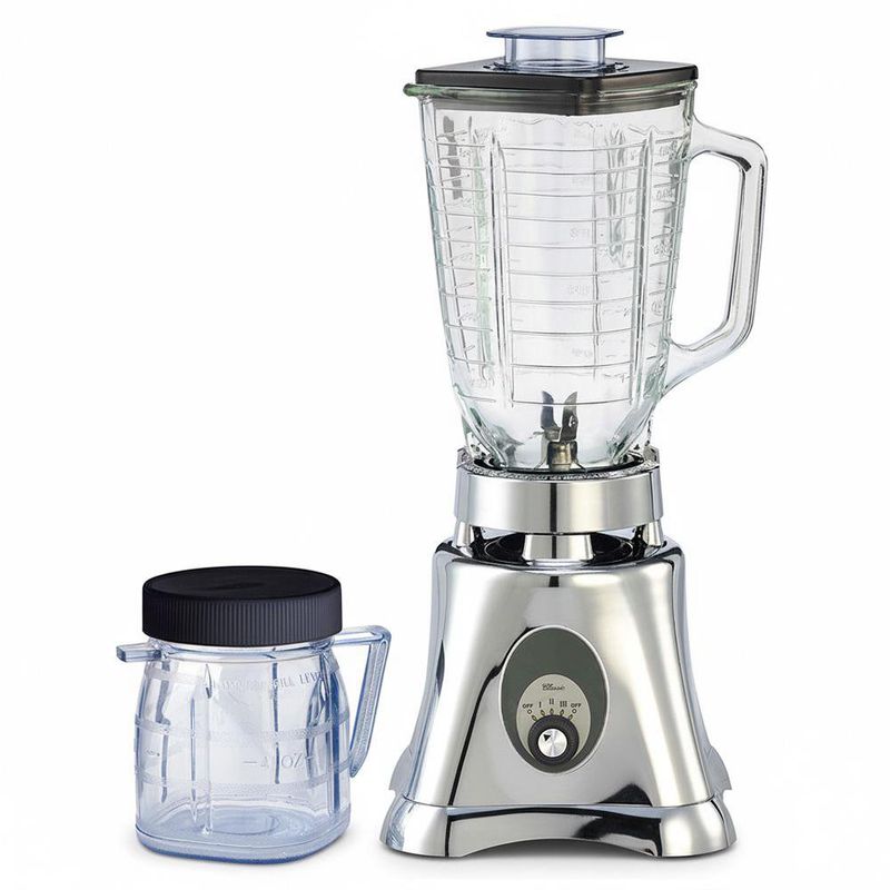 Licuadora Clásica de 3 Velocidades Cromada con Jarra de Vidrio y Vaso Pequeño