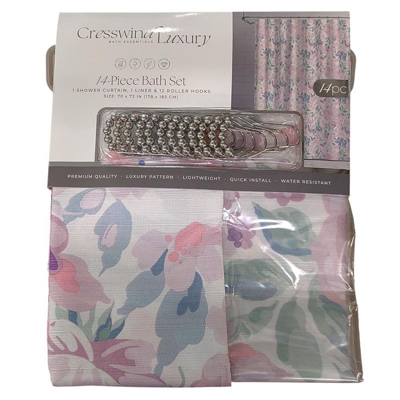 Set de Cortina de Baño Floral con Liner y Ganchos – 14 Piezas