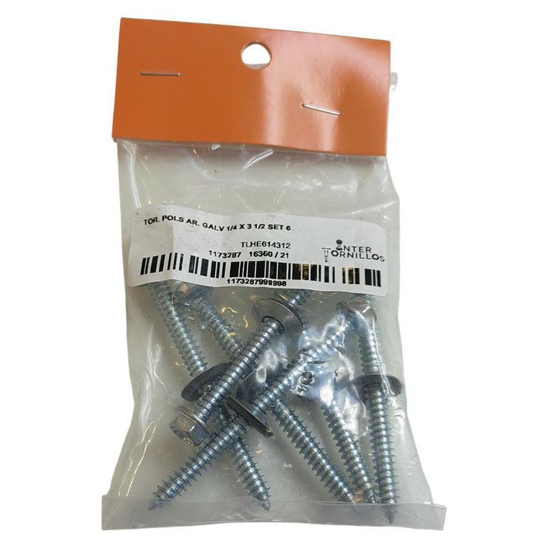 Set de 6 Tornillos Polser Galvanizados con Arandela 1/4 x 3 1/2 Plg