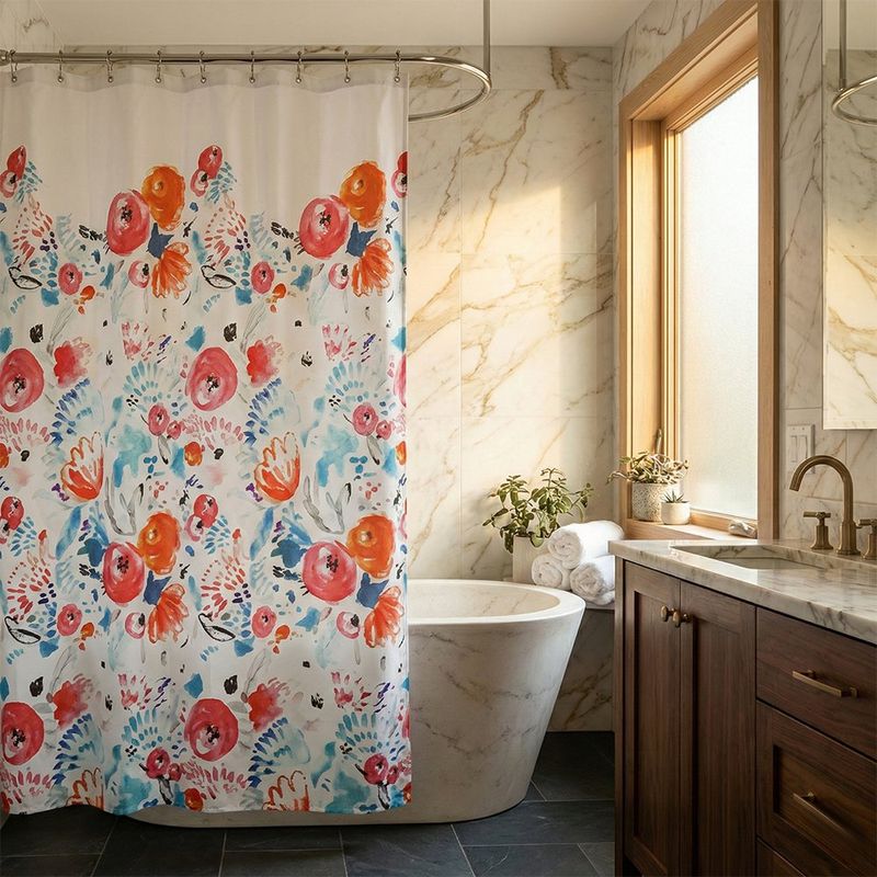 Cortina de PEVA para Baño Diseño Floral con Ganchos