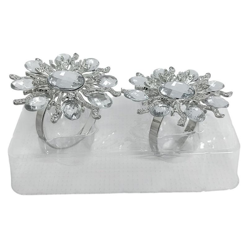 Set de 2 Anillos para Servilleta Color Plateado con Flor de Cristal