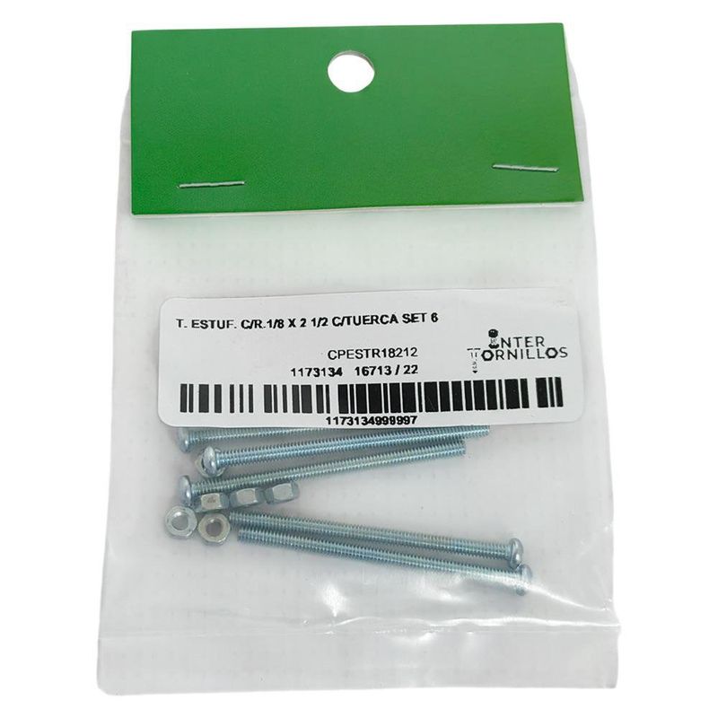 Tornillo para Estufa con Tuerca para Fijación 1/8 x 2 1/2 Plg en Set de 6 Uds