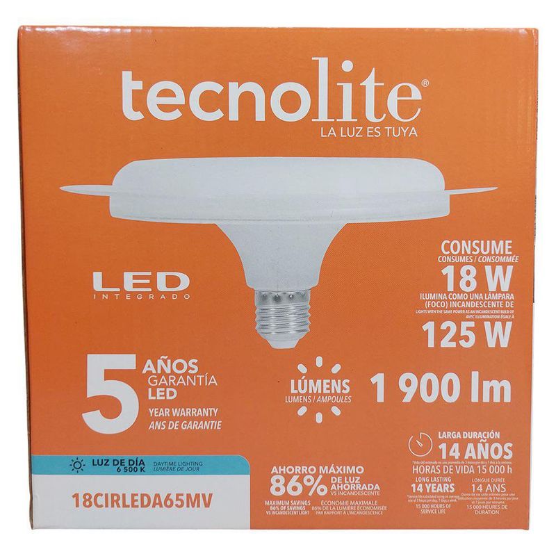 Foco LED Circular Tecnolite de 18 W Base E27 Multivoltaje Luz de Día