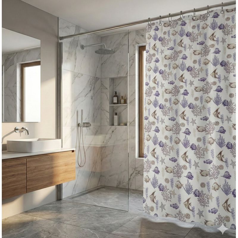 Cortina de Tela para Baño con Ganchos de 178 x 183 cm Diseño Océano