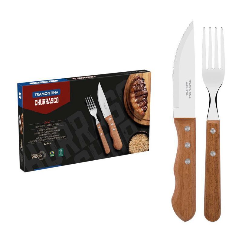 Kit de Cuchillos y Tenedores Jumbo Churrasco Mango de Madera 12 Piezas