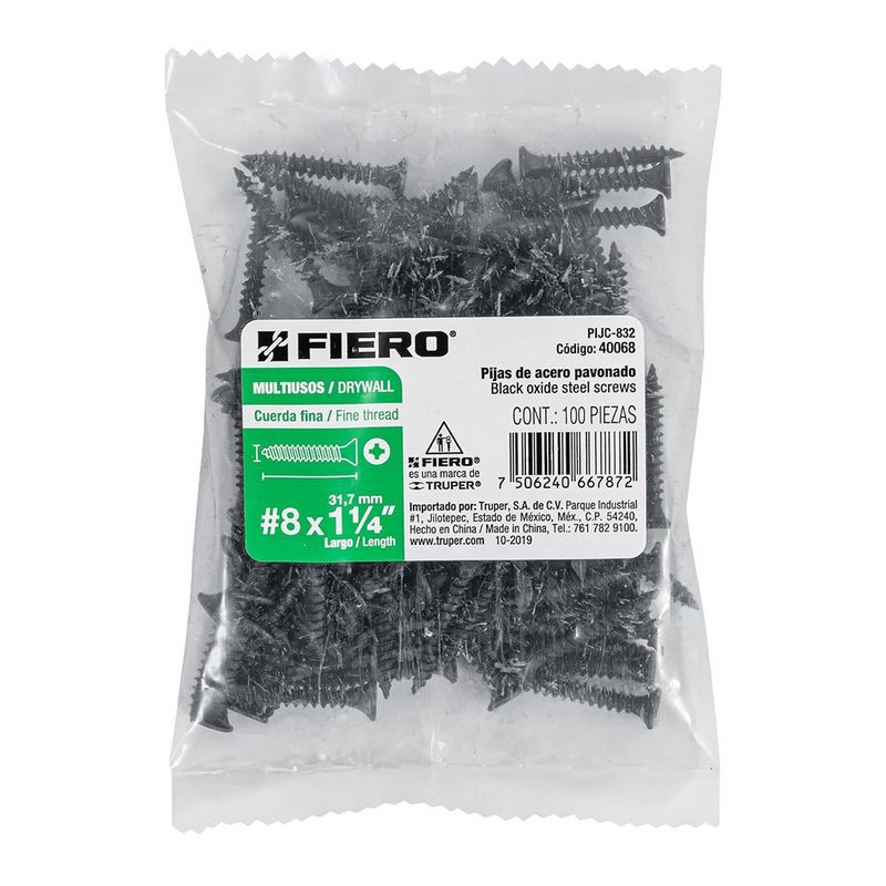 Tornillos Multiusos #8 x 1 1/4 plg de Acero Pavonado en Bolsa 100 Pzas