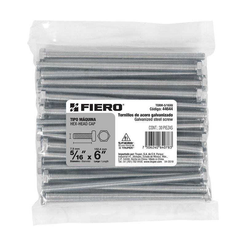 Tornillos Tipo Máquina de 5/16 x 6 plg de Acero Galvanizado en Bolsa de 30 Pzas