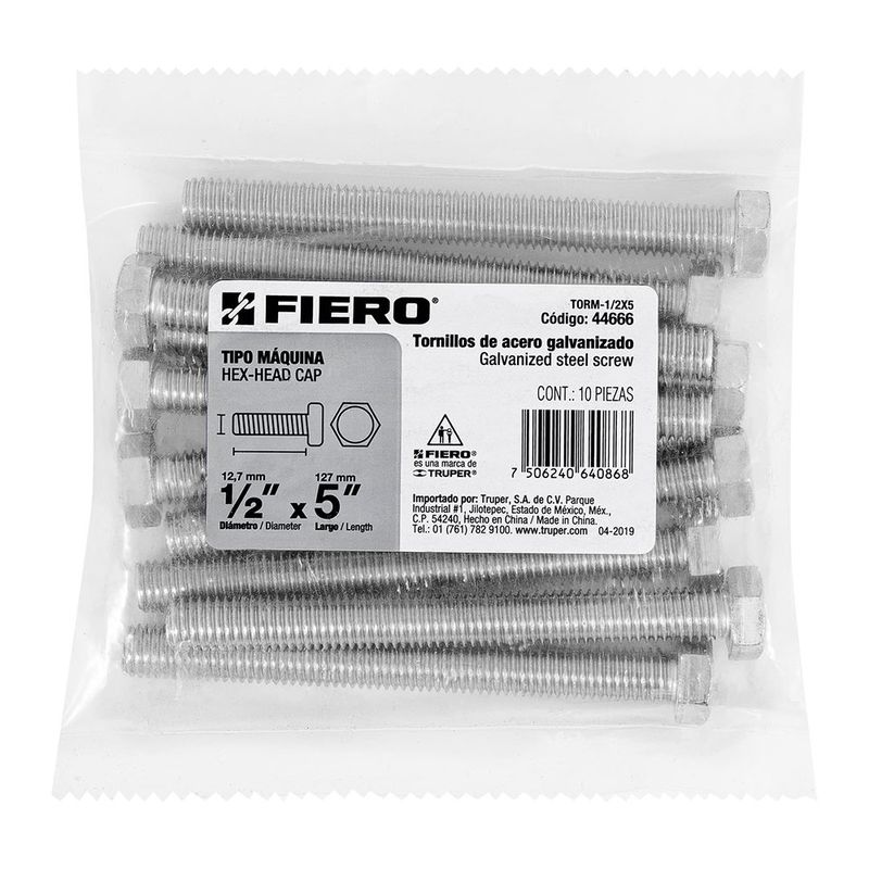Tornillos Tipo Máquina Acero Galvanizado 1/2 x 5 Plg Bolsa 10 Pzas
