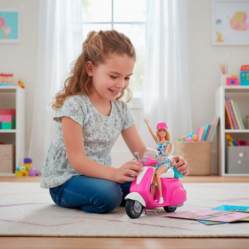 Muñeca Barbie con Moto Scooter Rosa