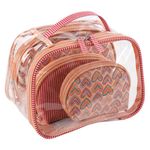 Set de 3 Cosmetiqueras Rosa con Corazones y Estuche Transparente