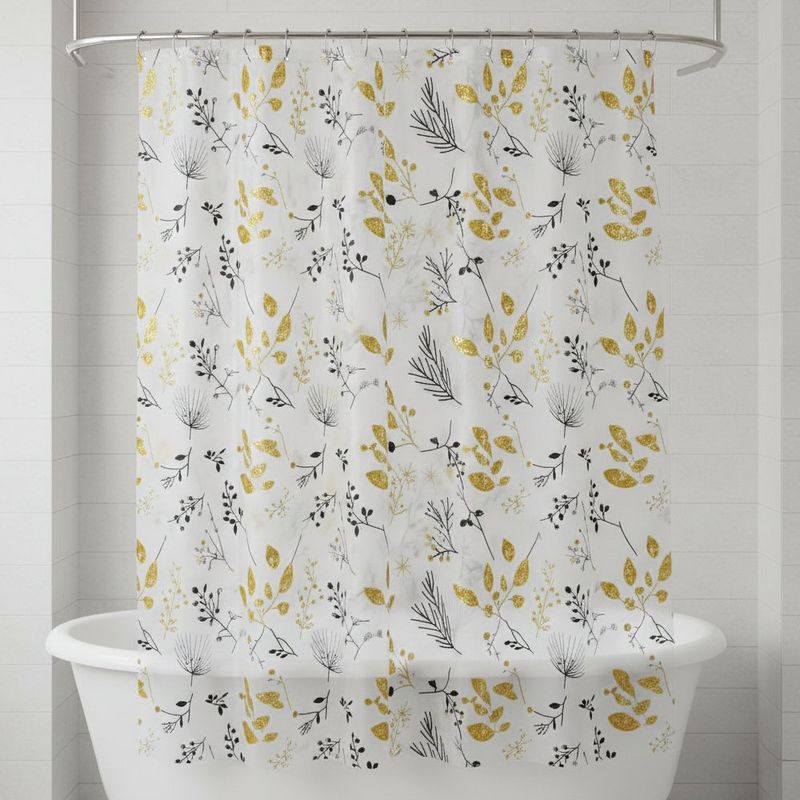 Cortina de PEVA para Baño Diseño Amarillo Floral con Ganchos