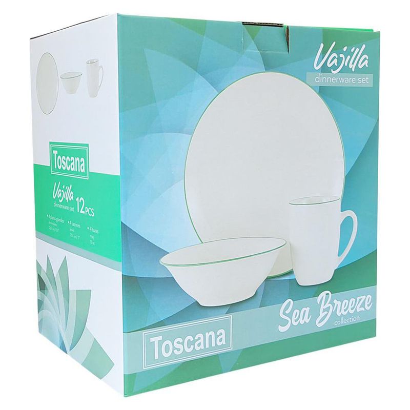 Vajilla Blanca con Borde Verde 12 Piezas