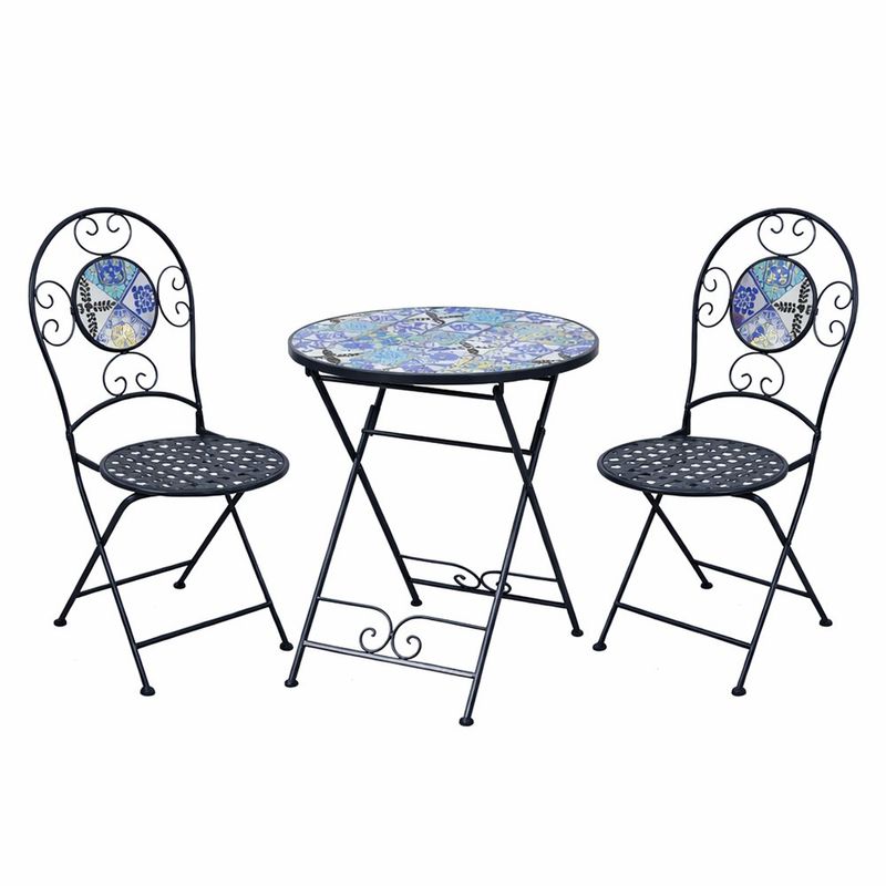 Set de Mesa Redonda Cerámica con 2 Sillas de Acero Color Azul