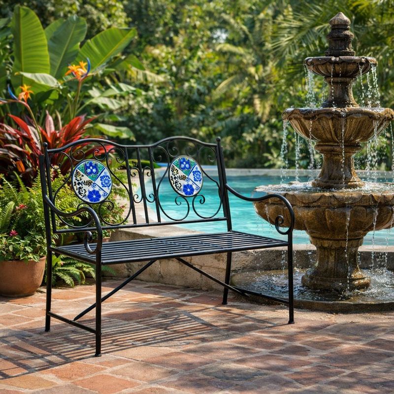 Banca para Exterior de Acero con Respaldo Decorativo Cerámico