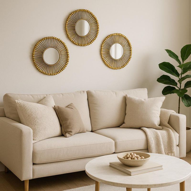 Set de 3 Espejos de Pared Redondos 25 cm Diseño Solar Dorado