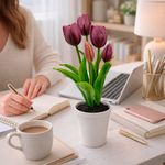 Tulipanes Morados Artificiales en Maceta Blanca