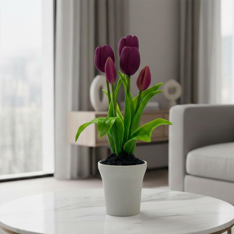 Tulipanes Morados Artificiales en Maceta Blanca