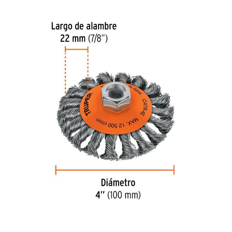 Cepillo Cónico Alambre Trenzado de 4 plg Eje 5/8 - 11 plg