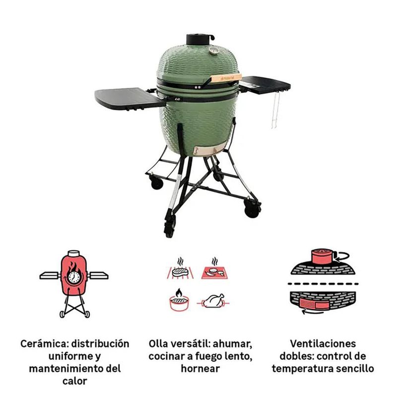 Churrasquera a Carbón Kamado de Cerámica Verde con Base Móvil y Mesas Laterales