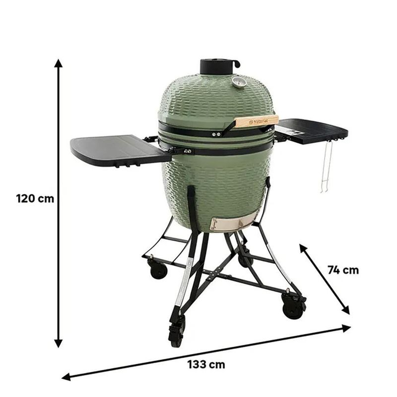 Churrasquera a Carbón Kamado de Cerámica Verde con Base Móvil y Mesas Laterales
