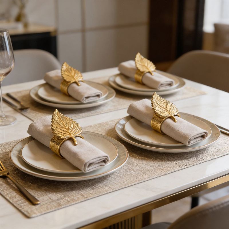 Set de 4 Anillos para Servilleta con Diseño de Hojas Color Dorado