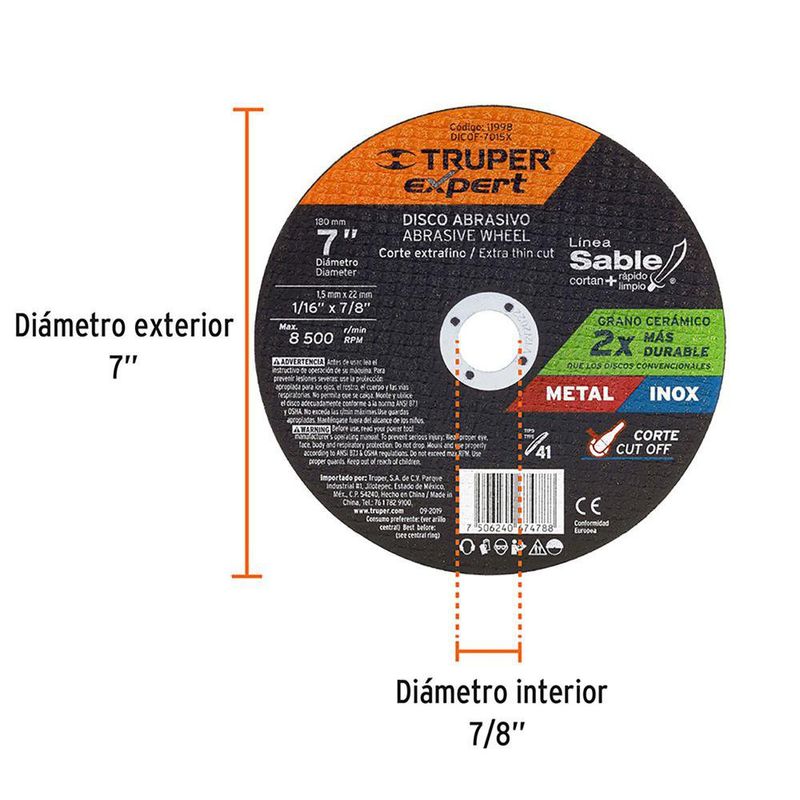 Disco Abrasivo para Corte Fino en Metal de 7 Plg X 1.5 mm