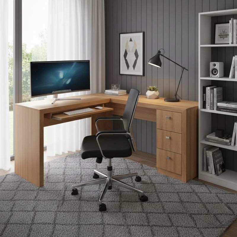 Escritorio Reversible en L con 3 Gavetas de 136 x 113 x 74.5 cm Color Almendra